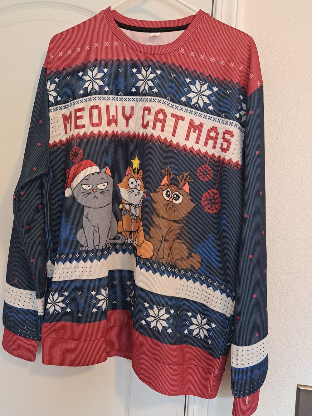 Meowy Catmas Graphic Crewneck Sweater - Red & Blue